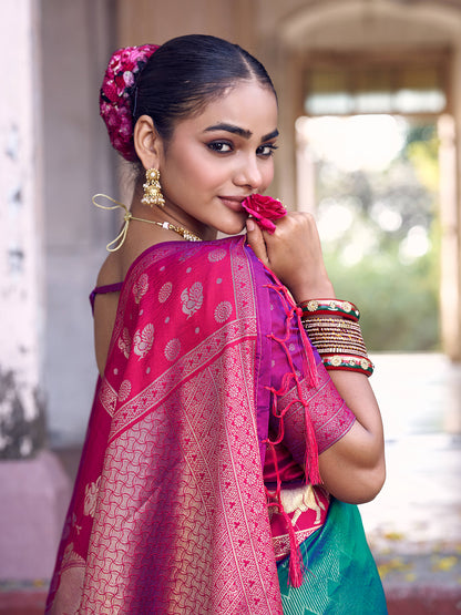Sutriti Teal Green Soft Silk Saree with Rani Pink Border - Ethnic Festive Wedding Saree for Women
