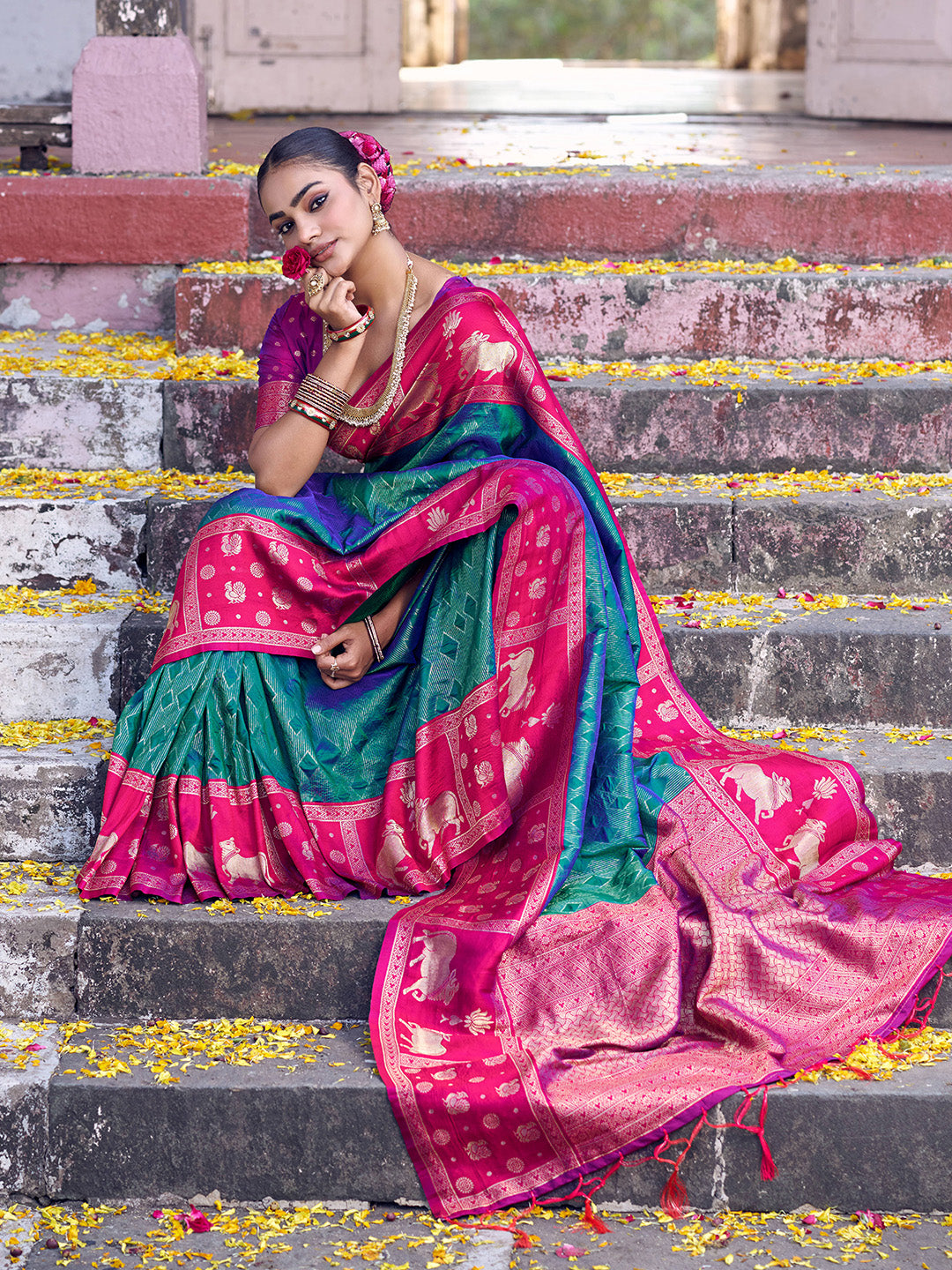 Sutriti Teal Green Soft Silk Saree with Rani Pink Border - Ethnic Festive Wedding Saree for Women