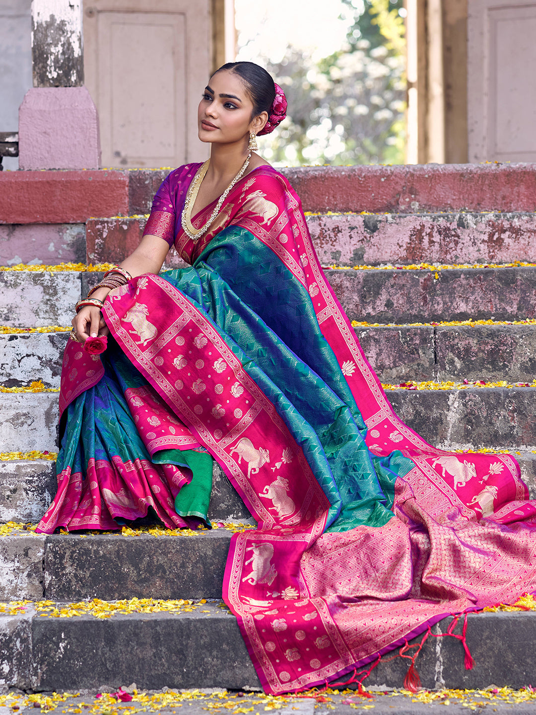Sutriti Teal Green Soft Silk Saree with Rani Pink Border - Ethnic Festive Wedding Saree for Women