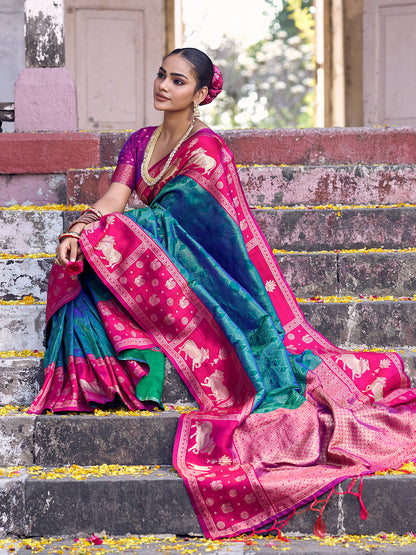 Sutriti Teal Green Soft Silk Saree with Rani Pink Border - Ethnic Festive Wedding Saree for Women