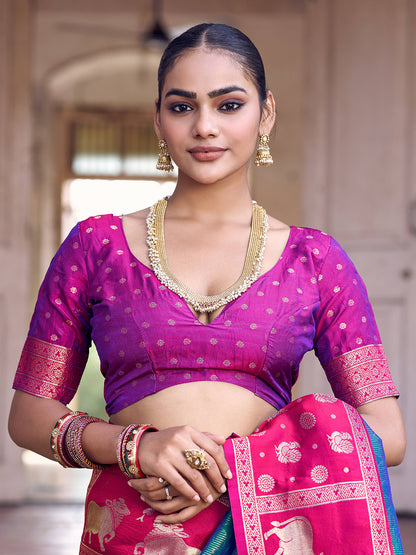Sutriti Teal Green Soft Silk Saree with Rani Pink Border - Ethnic Festive Wedding Saree for Women