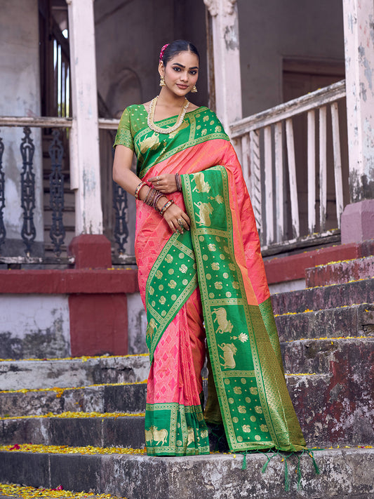 Sutriti Rani Pink Soft Silk Saree with Green Border - Festive Wedding Ethnic Saree for Women