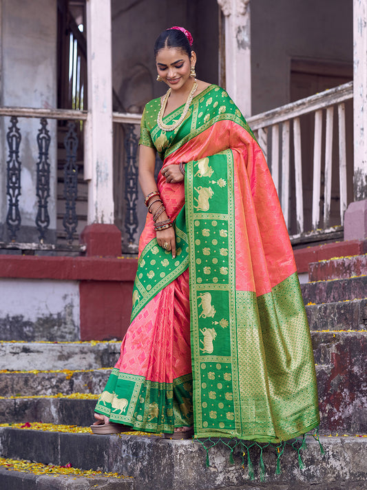 Sutriti Rani Pink Soft Silk Saree with Green Border - Festive Wedding Ethnic Saree for Women