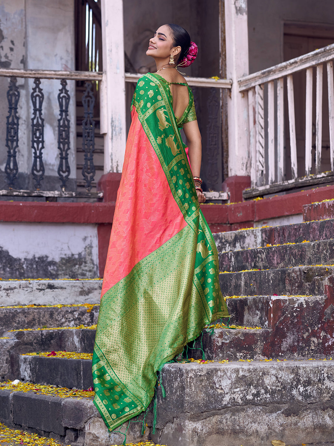 Sutriti Rani Pink Soft Silk Saree with Green Border - Festive Wedding Ethnic Saree for Women