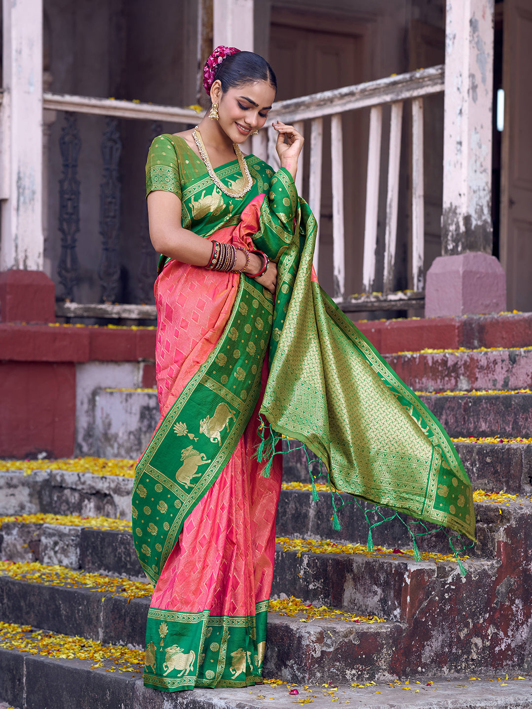 Sutriti Rani Pink Soft Silk Saree with Green Border - Festive Wedding Ethnic Saree for Women