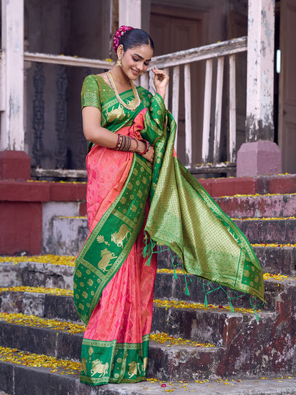 Sutriti Rani Pink Soft Silk Saree with Green Border - Festive Wedding Ethnic Saree for Women