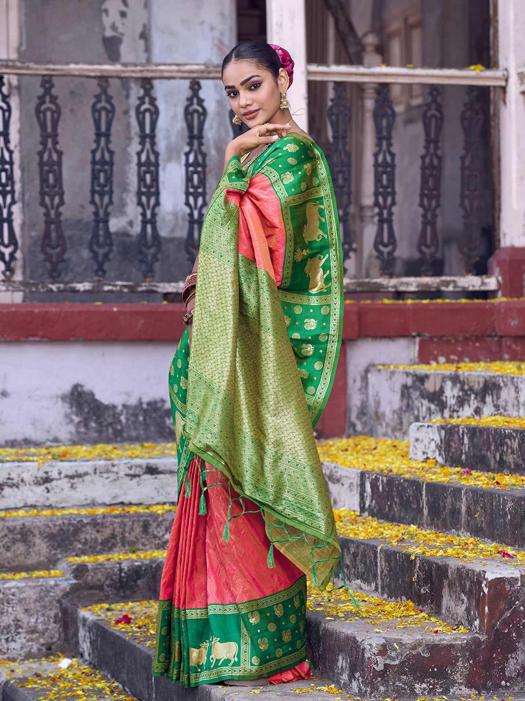 Sutriti Rani Pink Soft Silk Saree with Green Border - Festive Wedding Ethnic Saree for Women