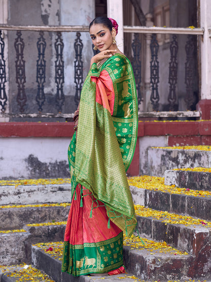 Sutriti Rani Pink Soft Silk Saree with Green Border - Festive Wedding Ethnic Saree for Women