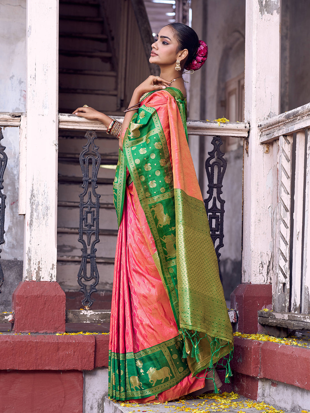 Sutriti Rani Pink Soft Silk Saree with Green Border - Festive Wedding Ethnic Saree for Women