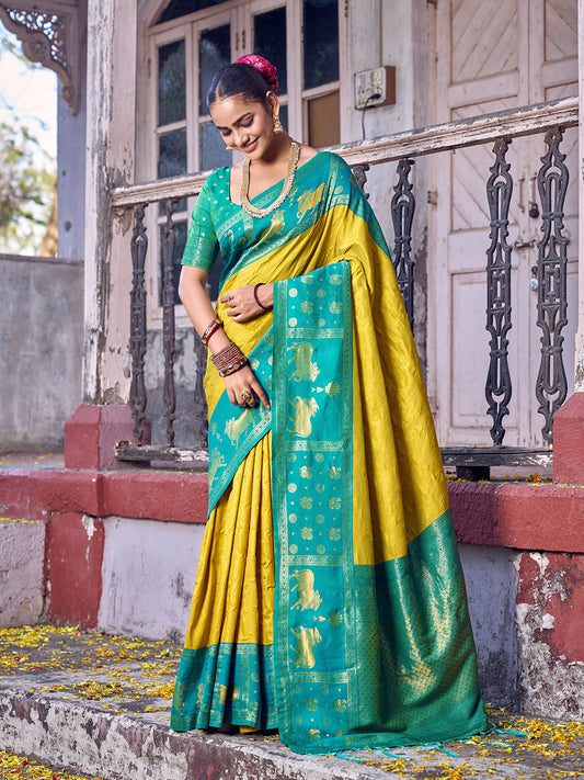 Sutriti Mustard Yellow Soft Silk Saree with Blue Border - Festive Wedding Ethnic Saree for Women