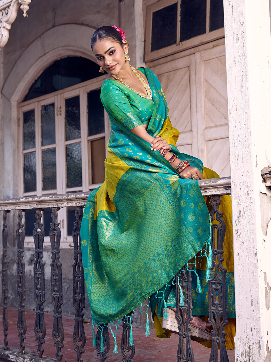 Sutriti Mustard Yellow Soft Silk Saree with Blue Border - Festive Wedding Ethnic Saree for Women