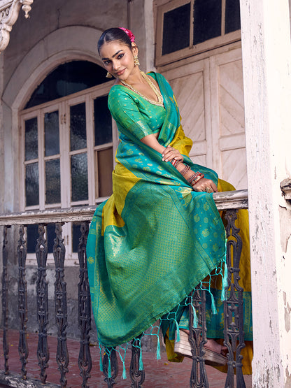 Sutriti Mustard Yellow Soft Silk Saree with Blue Border - Festive Wedding Ethnic Saree for Women