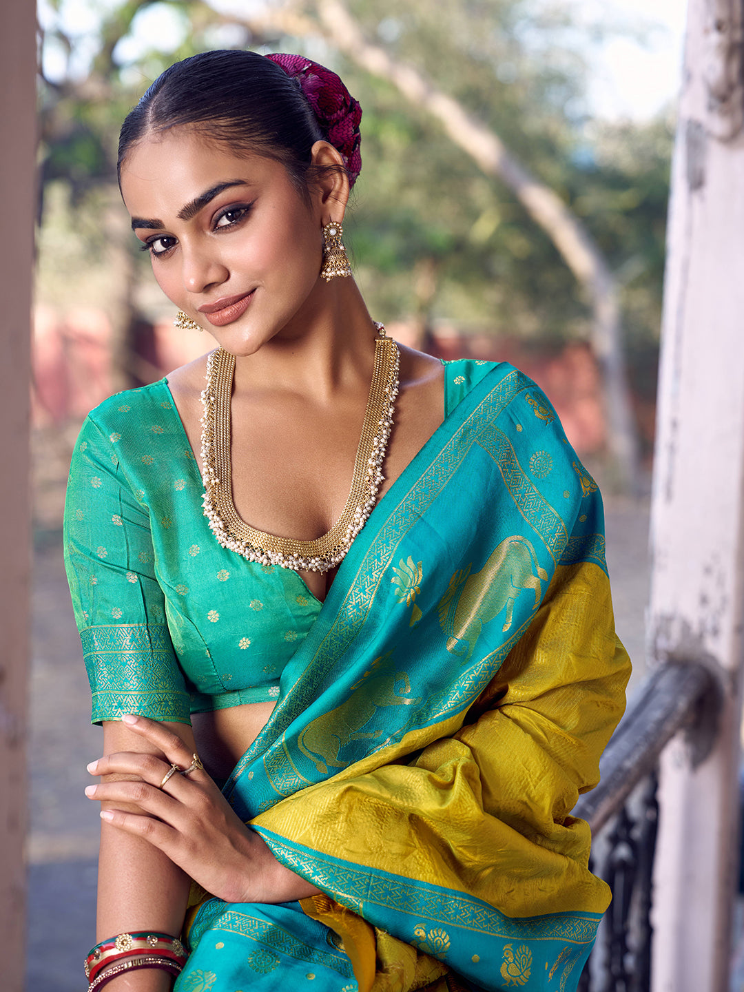 Sutriti Mustard Yellow Soft Silk Saree with Blue Border - Festive Wedding Ethnic Saree for Women