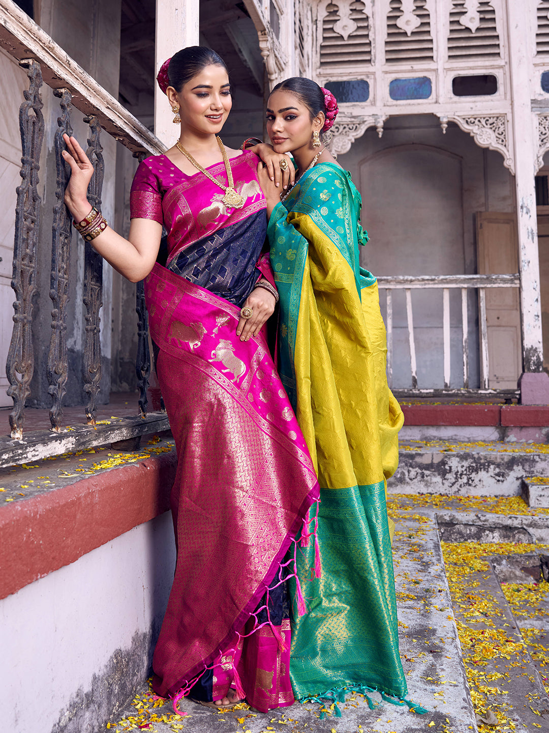 Sutriti Mustard Yellow Soft Silk Saree with Blue Border - Festive Wedding Ethnic Saree for Women