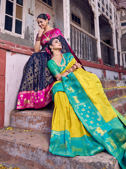 Sutriti Mustard Yellow Soft Silk Saree with Blue Border - Festive Wedding Ethnic Saree for Women