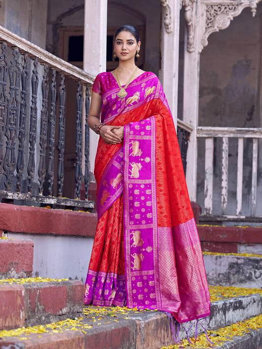 Sutriti Red Soft Silk Saree with Rani Pink Border - Festive Wedding PSofty Ethnic Saree for Women