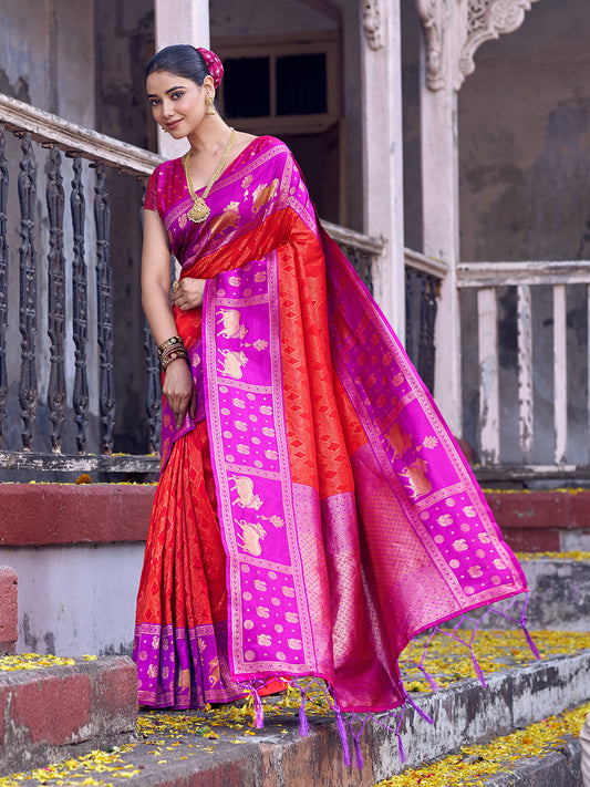 Sutriti Red Soft Silk Saree with Rani Pink Border - Festive Wedding PSofty Ethnic Saree for Women