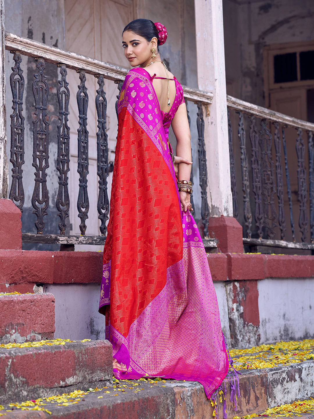 Sutriti Red Soft Silk Saree with Rani Pink Border - Festive Wedding PSofty Ethnic Saree for Women