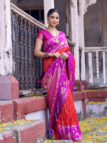 Sutriti Red Soft Silk Saree with Rani Pink Border - Festive Wedding PSofty Ethnic Saree for Women