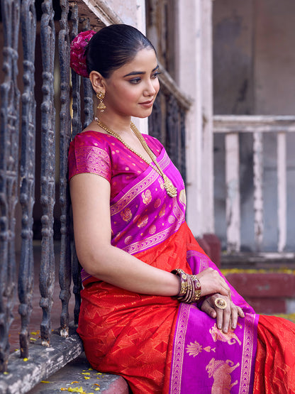 Sutriti Red Soft Silk Saree with Rani Pink Border - Festive Wedding PSofty Ethnic Saree for Women