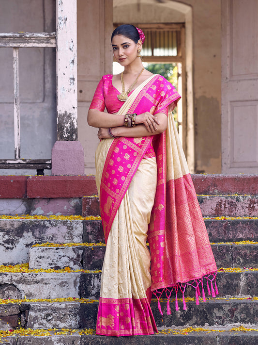 Sutriti Cream Soft Silk Saree with Rani Pink Border - Festive Wedding PSofty Ethnic Saree for Women