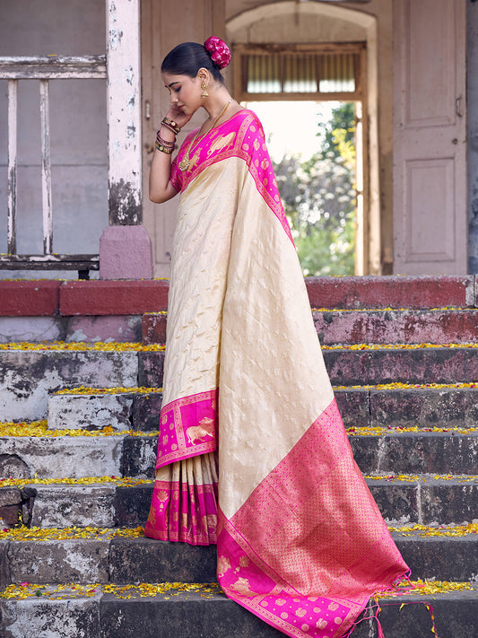 Sutriti Cream Soft Silk Saree with Rani Pink Border - Festive Wedding PSofty Ethnic Saree for Women