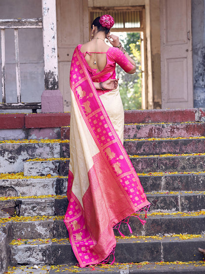 Sutriti Cream Soft Silk Saree with Rani Pink Border - Festive Wedding PSofty Ethnic Saree for Women