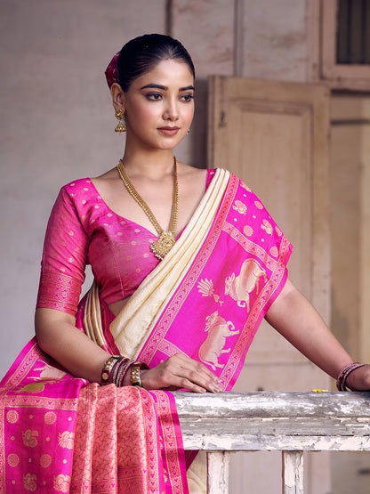 Sutriti Cream Soft Silk Saree with Rani Pink Border - Festive Wedding PSofty Ethnic Saree for Women