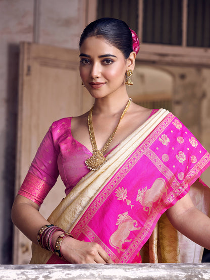 Sutriti Cream Soft Silk Saree with Rani Pink Border - Festive Wedding PSofty Ethnic Saree for Women