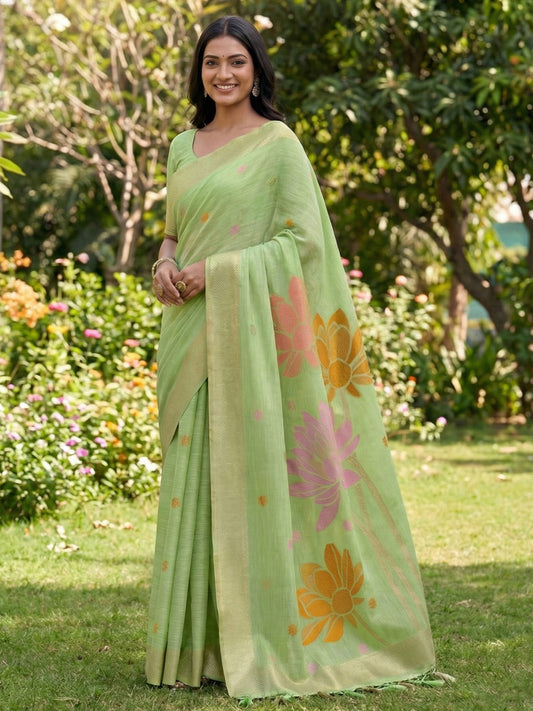 Sutriti Women Pista Green & Gold Floral Printed Linen Silk Blend Saree