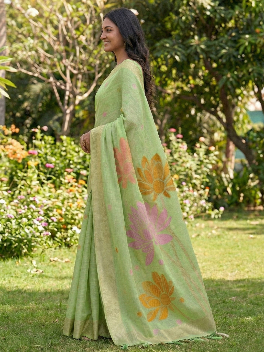 Sutriti Women Pista Green & Gold Floral Printed Linen Silk Blend Saree