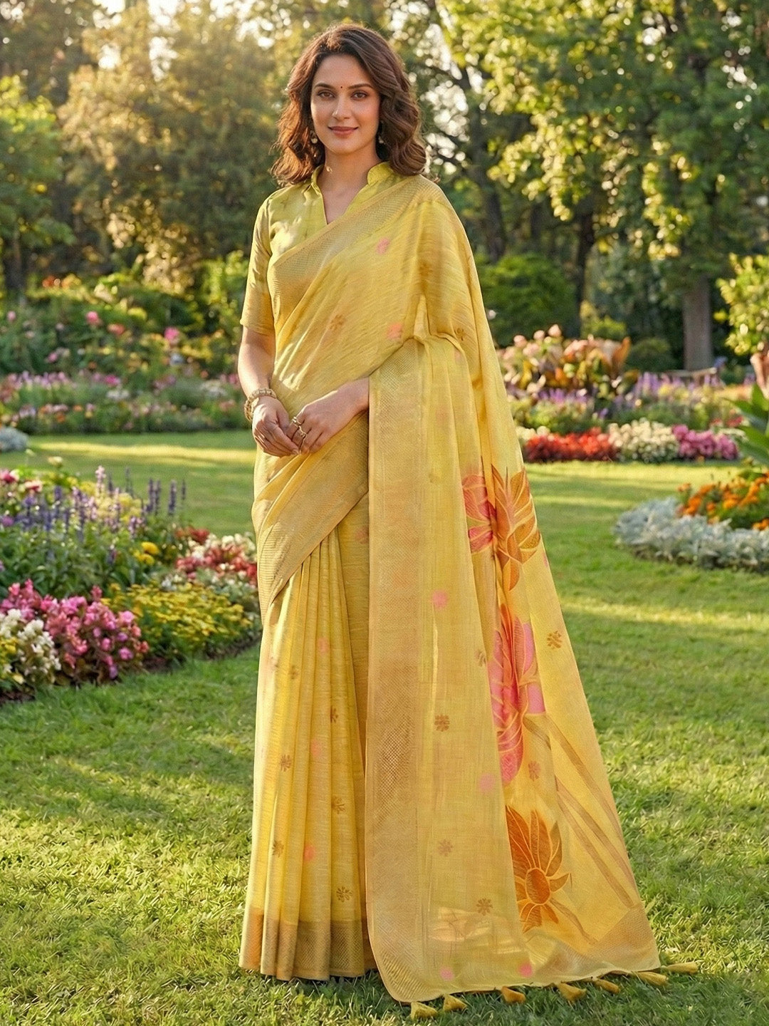 Sutriti Women Mustard Yellow & Pink Floral Printed Linen Silk Blend Saree
