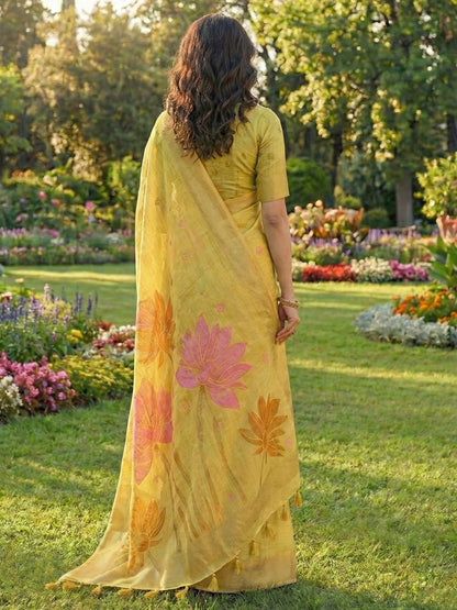 Sutriti Women Mustard Yellow & Pink Floral Printed Linen Silk Blend Saree