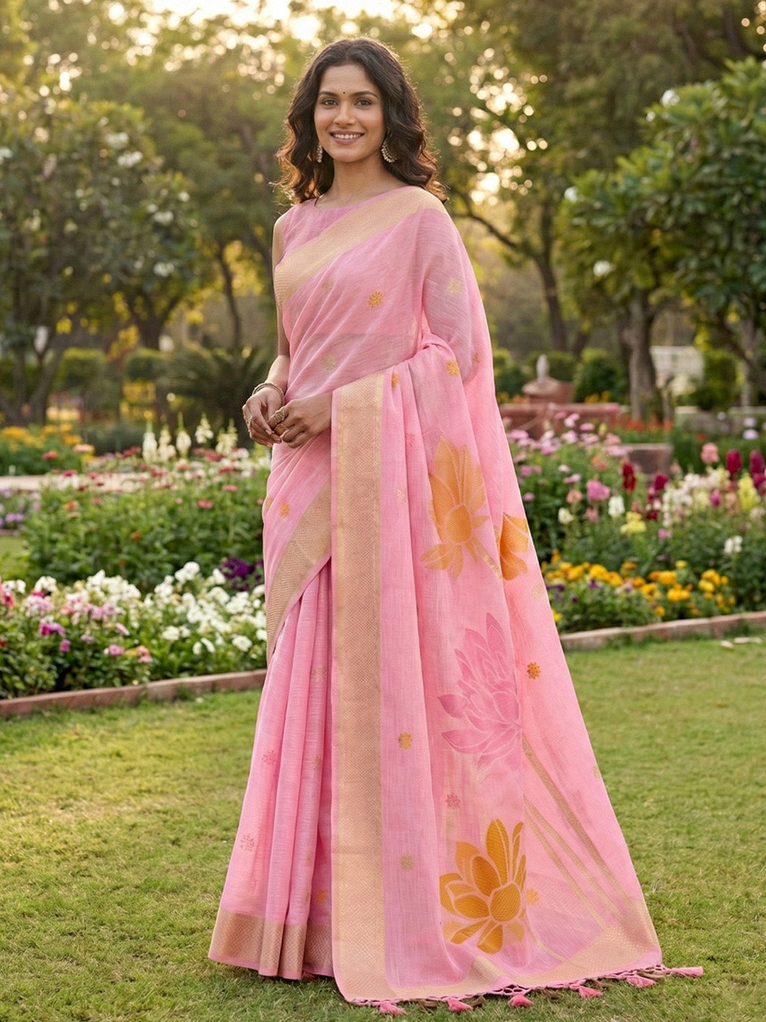 Sutriti Women Baby Pink & Orange Floral Printed Linen Silk Blend Saree