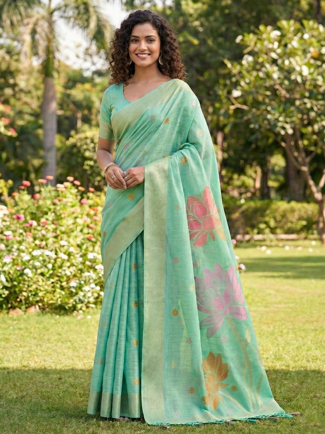 Sutriti Women Sea Green & Pink Floral Printed Linen Silk Blend Saree