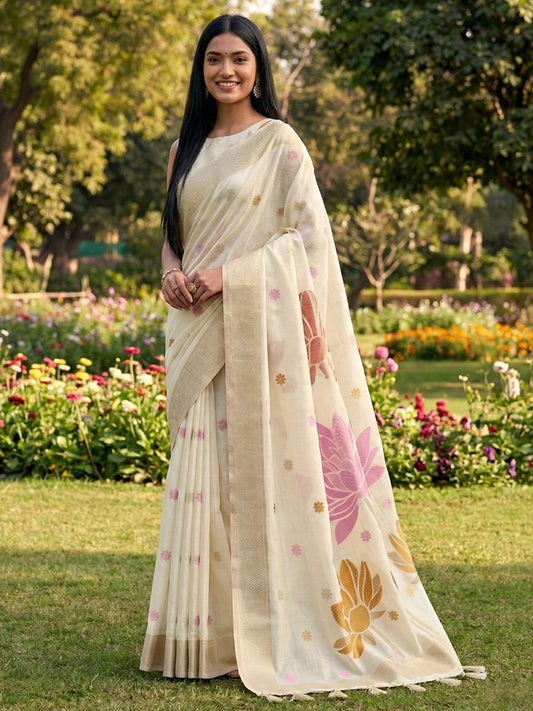Sutriti Women Off-White & Pink Floral Printed Linen Silk Blend Saree