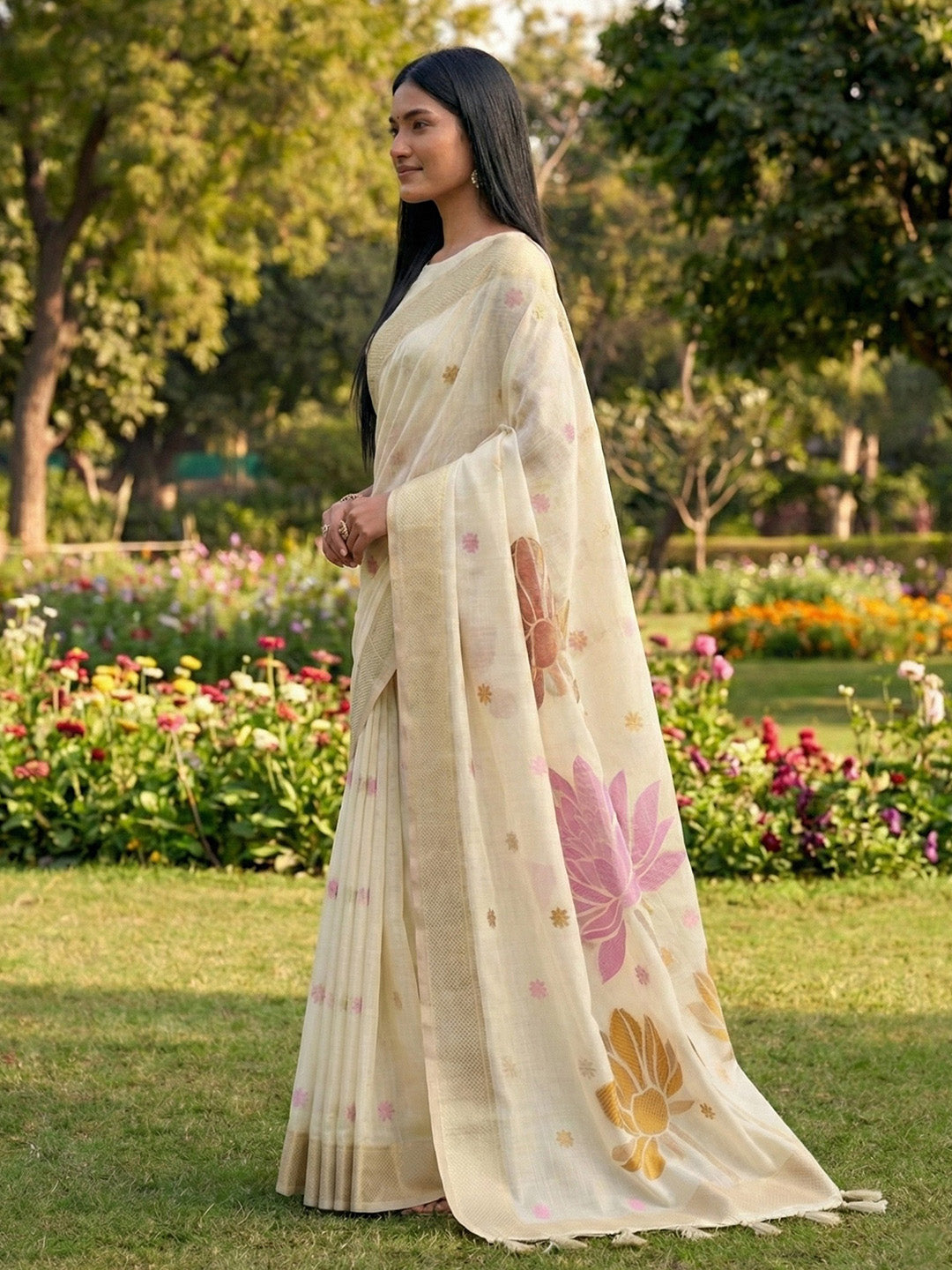 Sutriti Women Off-White & Pink Floral Printed Linen Silk Blend Saree