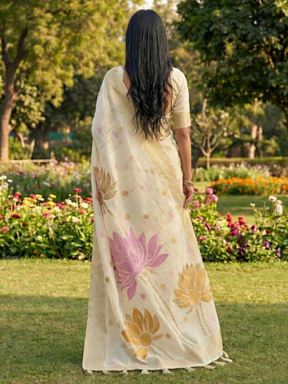 Sutriti Women Off-White & Pink Floral Printed Linen Silk Blend Saree