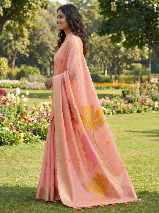 Sutriti Women Peach & Yellow Floral Printed Linen Silk Blend Saree