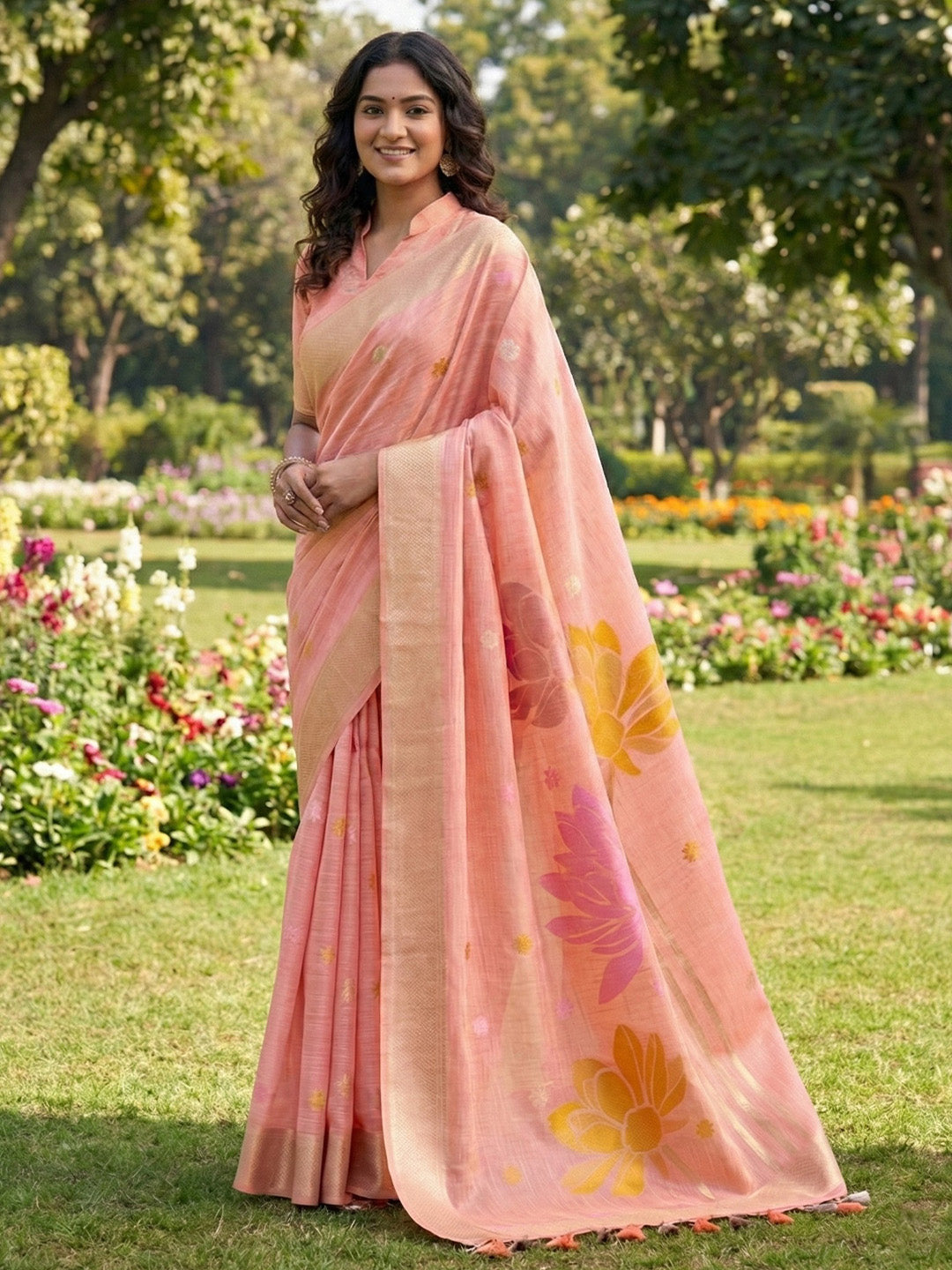Sutriti Women Peach & Yellow Floral Printed Linen Silk Blend Saree