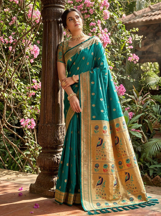 Sutriti Women's Teal Green Paithani Soft Silk Saree for Festive PSofty & Wedding Wear with Blouse