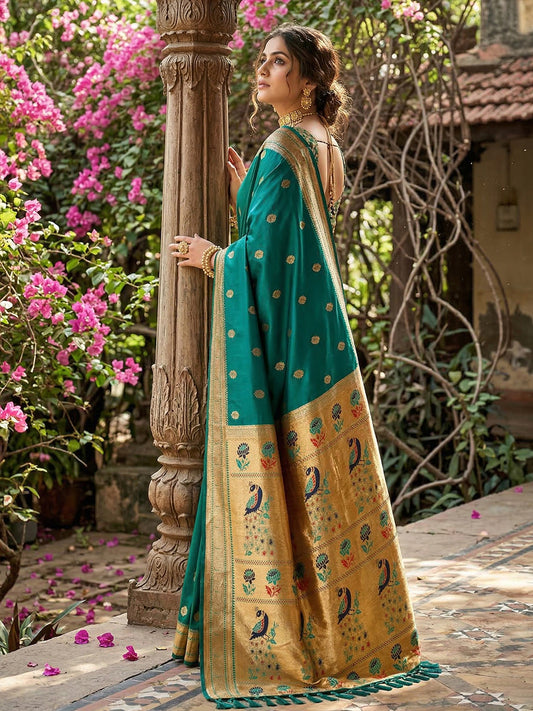 Sutriti Women's Teal Green Paithani Soft Silk Saree for Festive PSofty & Wedding Wear with Blouse