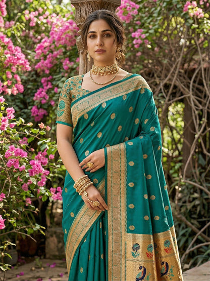 Sutriti Women's Teal Green Paithani Soft Silk Saree for Festive PSofty & Wedding Wear with Blouse