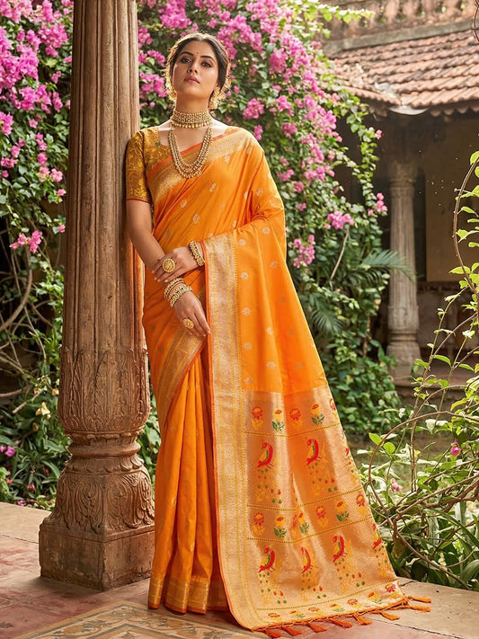 Sutriti Women's Mustard Yellow Paithani Soft Silk Saree for Festive PSofty & Wedding Wear with Blouse