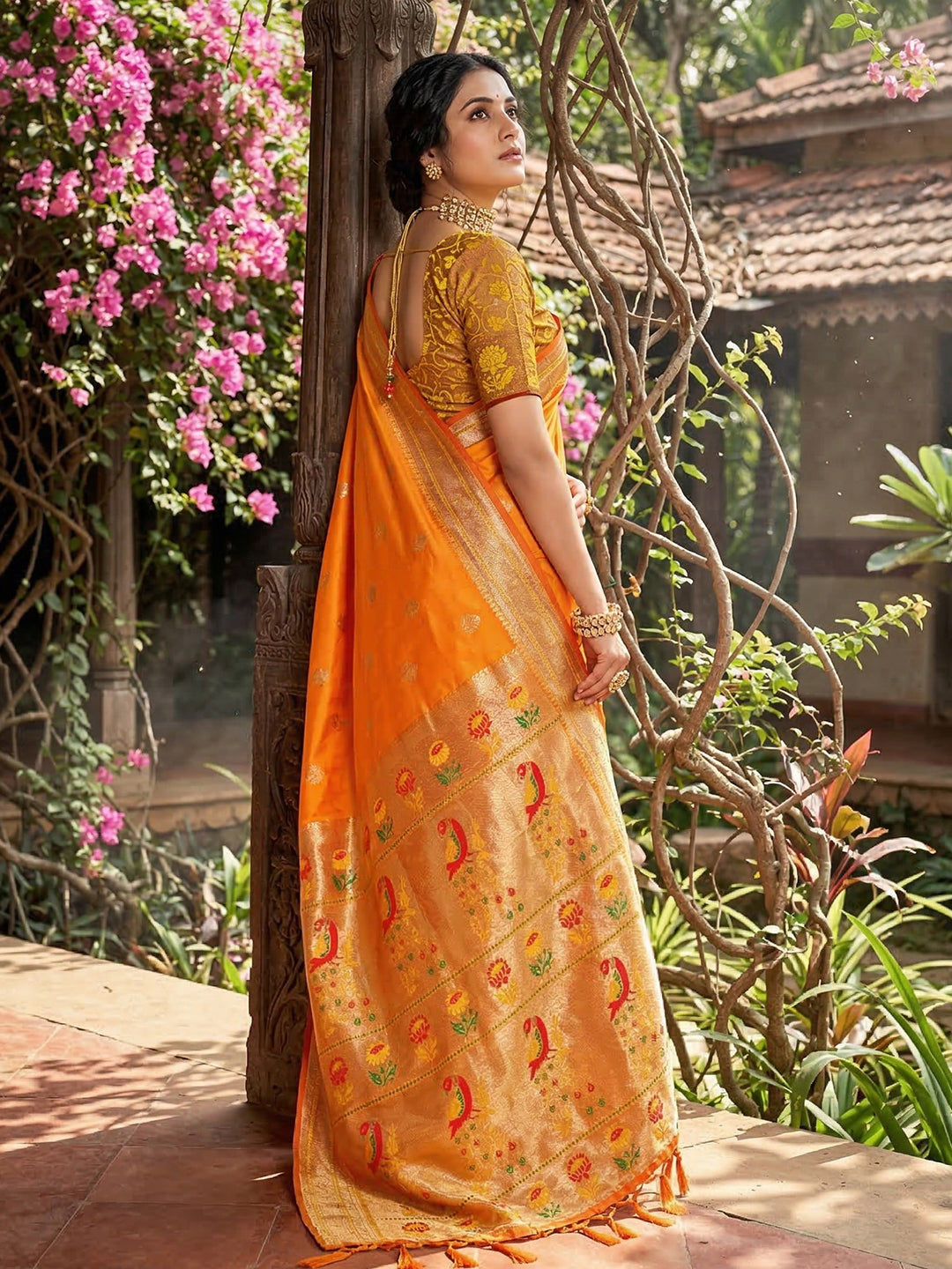 Sutriti Women's Mustard Yellow Paithani Soft Silk Saree for Festive PSofty & Wedding Wear with Blouse