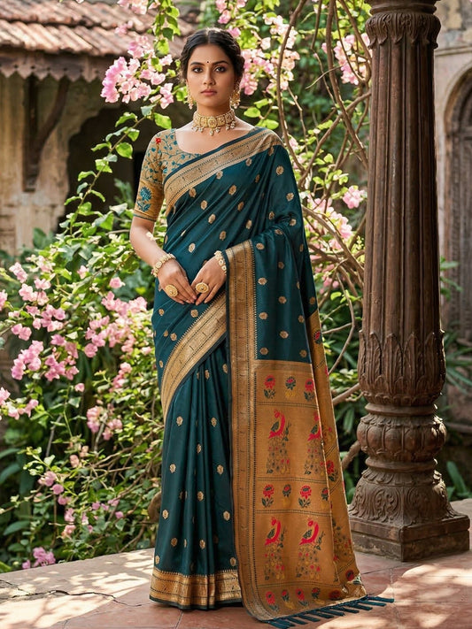 Sutriti Women's Dark Teal Paithani Soft Silk Saree for Festive PSofty & Wedding Wear with Blouse