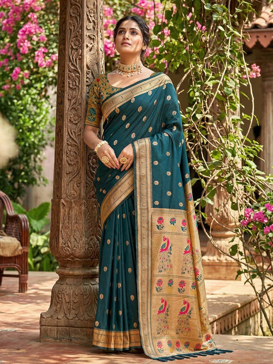 Sutriti Women's Dark Teal Paithani Soft Silk Saree for Festive PSofty & Wedding Wear with Blouse