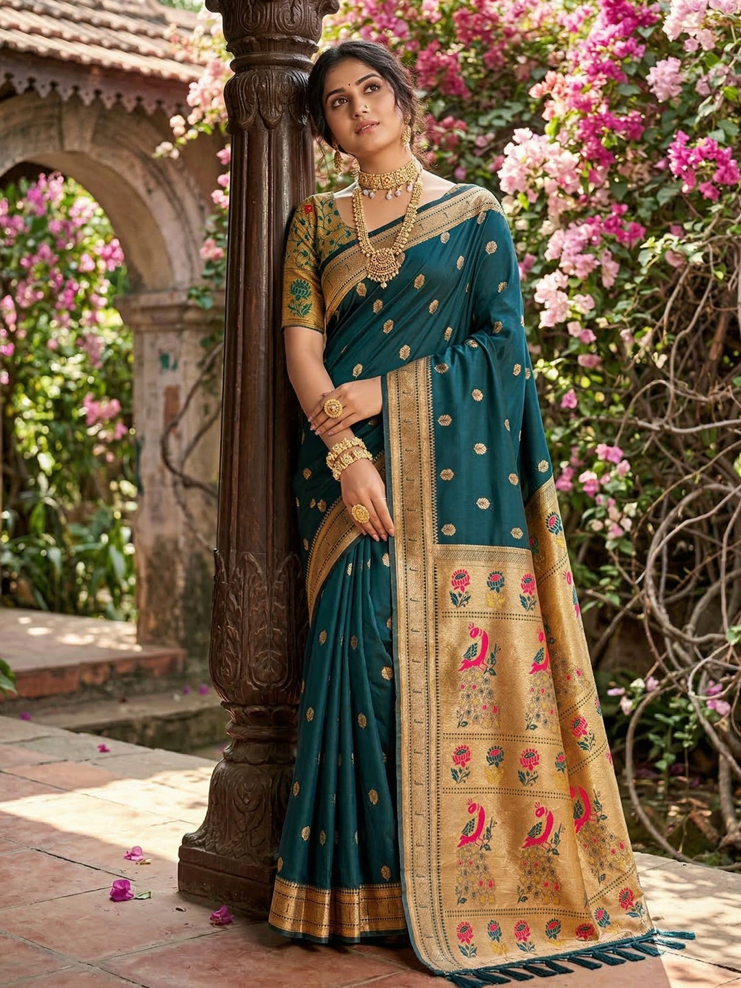 Sutriti Women's Dark Teal Paithani Soft Silk Saree for Festive PSofty & Wedding Wear with Blouse