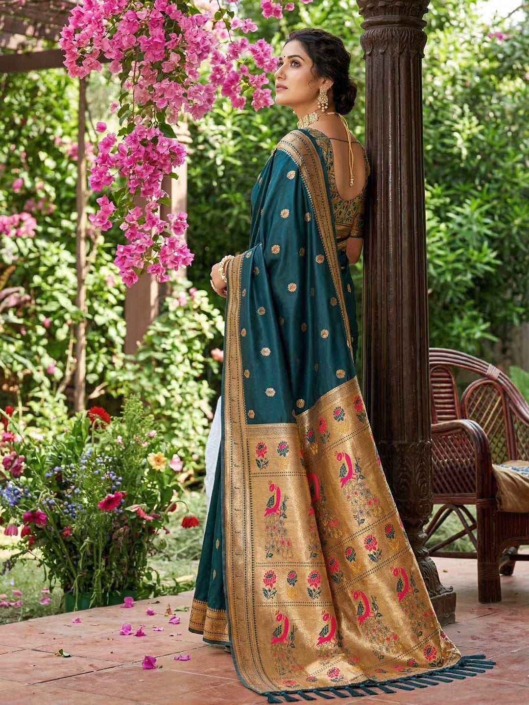 Sutriti Women's Dark Teal Paithani Soft Silk Saree for Festive PSofty & Wedding Wear with Blouse