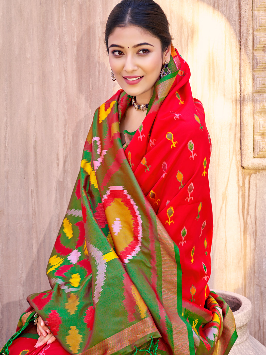 Sutriti Red Pochampalli Silk Saree | Elegant Traditional Wedding & Festive Wear Saree